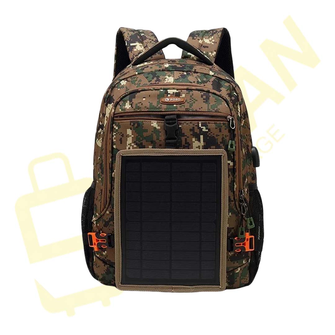 POSO PS-628 Army Green Camouflage Solar Backpack | Power-Generating Laptop Bag | Outdoor & Travel Use